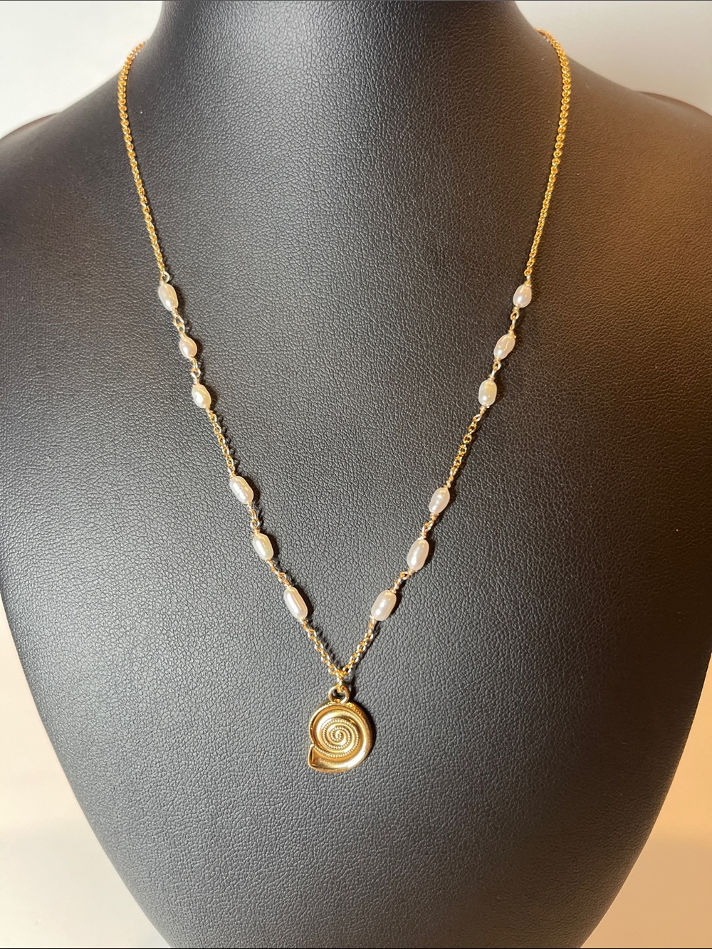Gold Spiral Pendant Pearl Station Necklace - Women's Jewelry 01954